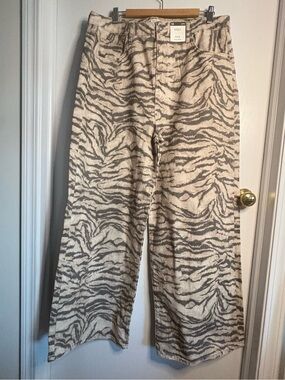 M&S NWT Sz 18L Soft Brown Mix Animal Stripe High-Rise Wide-Leg Denim Palazzo